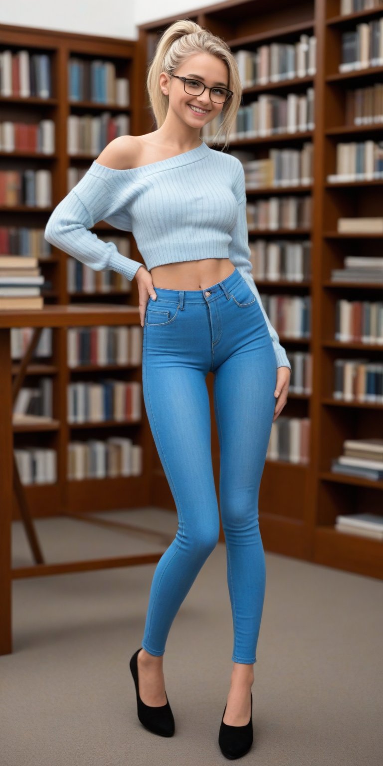 Emma hix smiling full body view, (thigh gap:1.4), wearing skintight flared light blue jeans and a one-shoulder crop sweater standing in a library, blonde hair slick back in a ponytail, glasses, facing forward, 