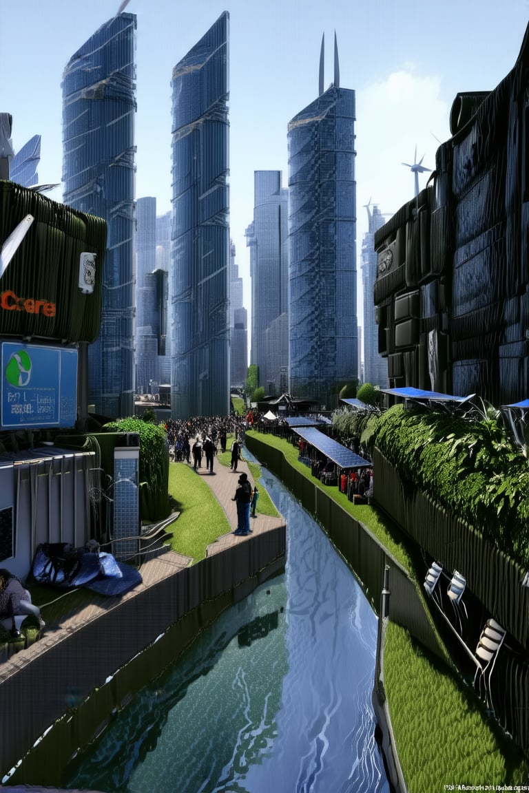 A futuristic cityscape with a strong emphasis on ecological harmony. Tall skyscrapers made of gleaming recycled materials pierce the sky, surrounded by lush greenery and winding waterways. Solar panels and wind turbines dot the rooftops, generating power for the sustainable metropolis. A vibrant marketplace throngs with people from diverse backgrounds, all united in their quest for environmental stewardship.