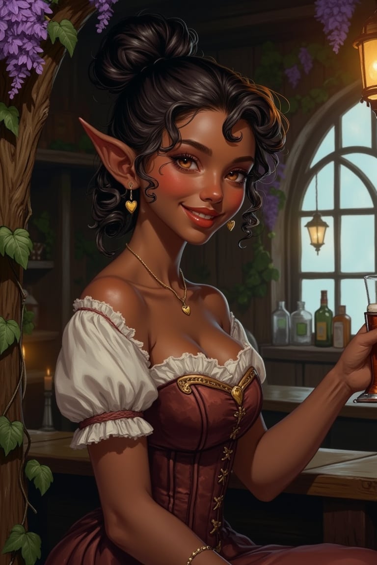 A highly detailed image in a Dungeons and Dragons Forgotten Realms setting of a halfling woman. She is short and small and...