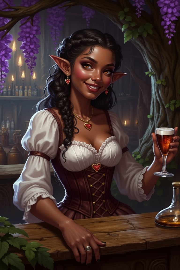 A highly detailed image in a Dungeons and Dragons Forgotten Realms setting of a halfling woman. She is short and small and...