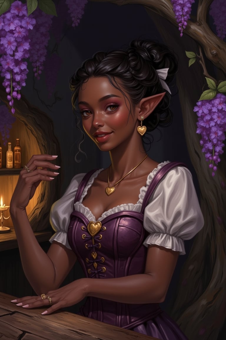 A highly detailed image in a Dungeons and Dragons Forgotten Realms setting of a halfling woman. She is extremely short and...