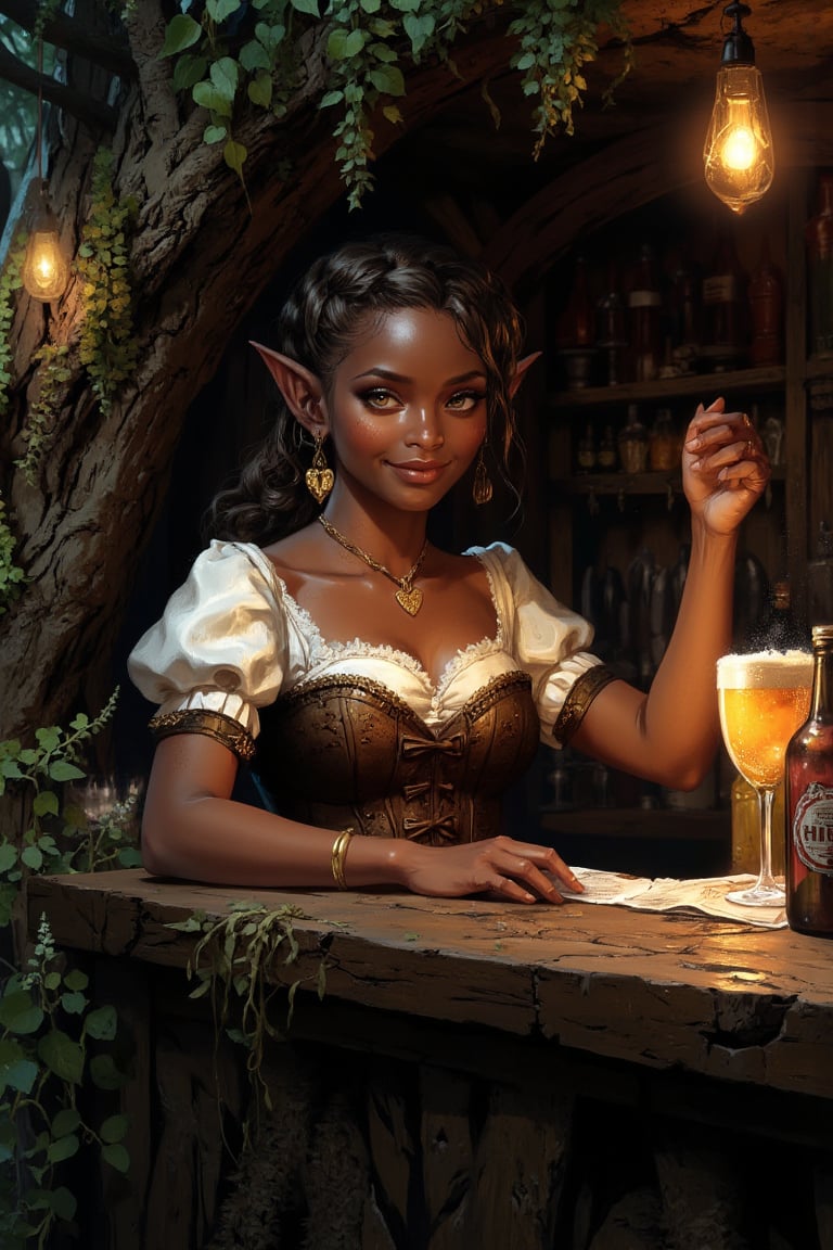 A highly detailed image in a Dungeons and Dragons Forgotten Realms setting of a halfling woman. She is short and small and...