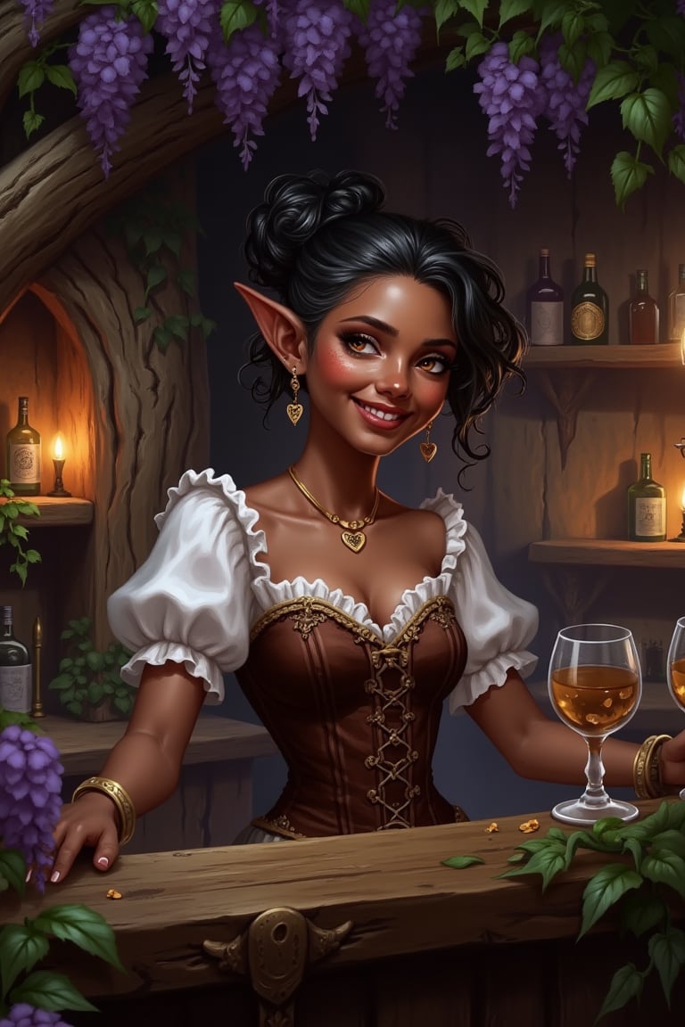A highly detailed image in a Dungeons and Dragons Forgotten Realms setting of a halfling woman. She is short and small and...