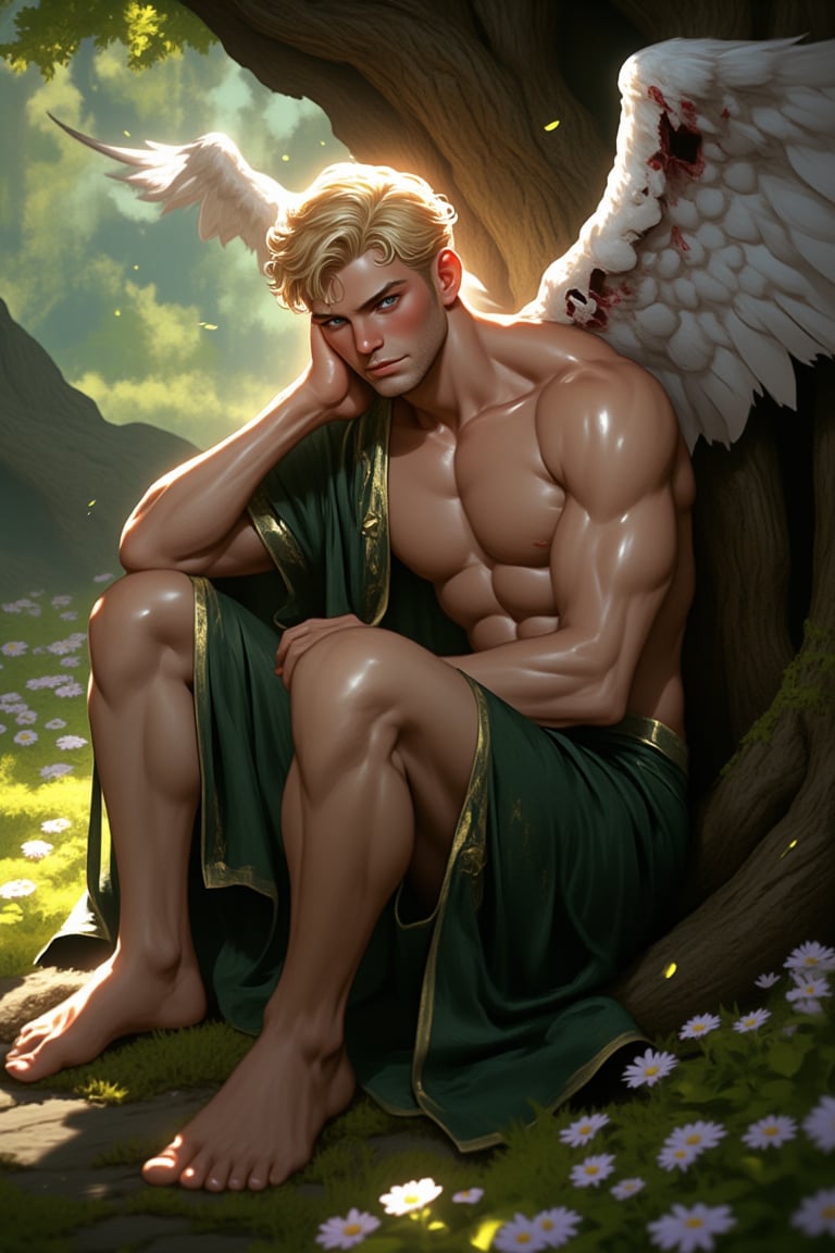 A highly detailed image of a handsome male fallen angel sitting and leaning against a tree in a field of flowers. He appea...