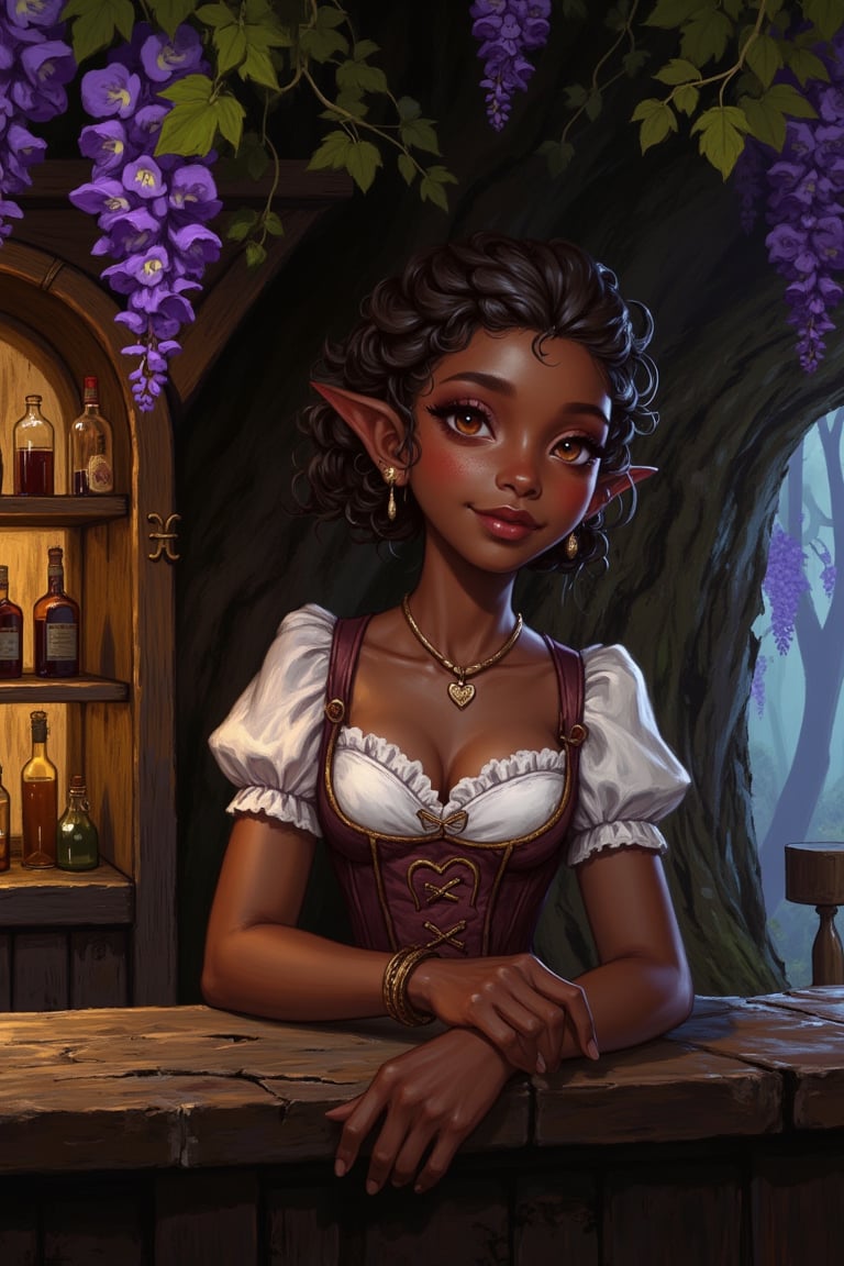 A highly detailed image in a Dungeons and Dragons Forgotten Realms setting of a halfling woman. She is extremely short and...