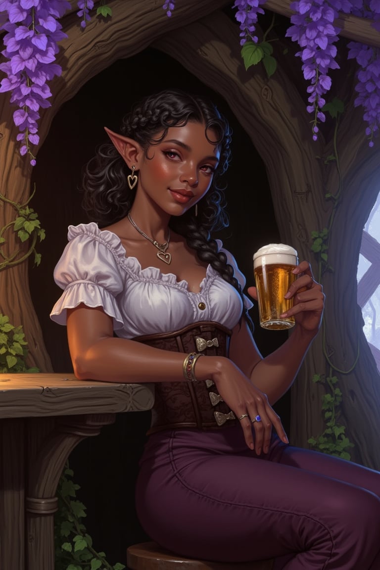 A highly detailed image in a Dungeons and Dragons Forgotten Realms setting of a halfling woman. She is short and small,  n...
