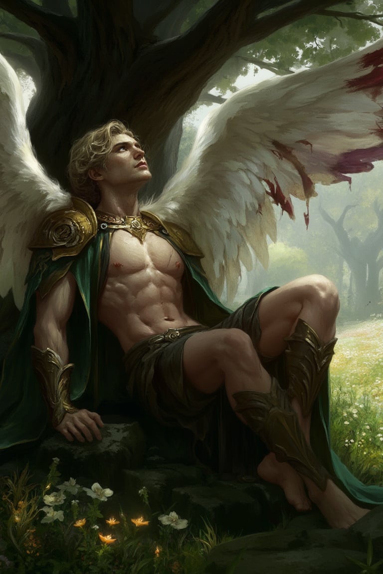 A highly detailed image of a handsome male fallen angel sitting and leaning against a tree in a field of flowers. He appea...