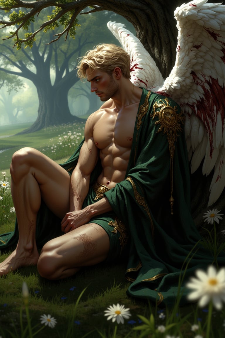 A highly detailed image of a handsome male fallen angel sitting and leaning against a tree in a field of flowers. He appea...