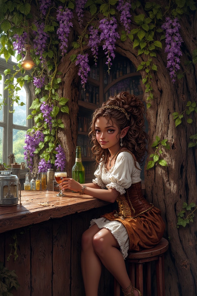 A highly detailed image in a Dungeons and Dragons Forgotten Realms setting of a halfling woman. She is short and small,  n...