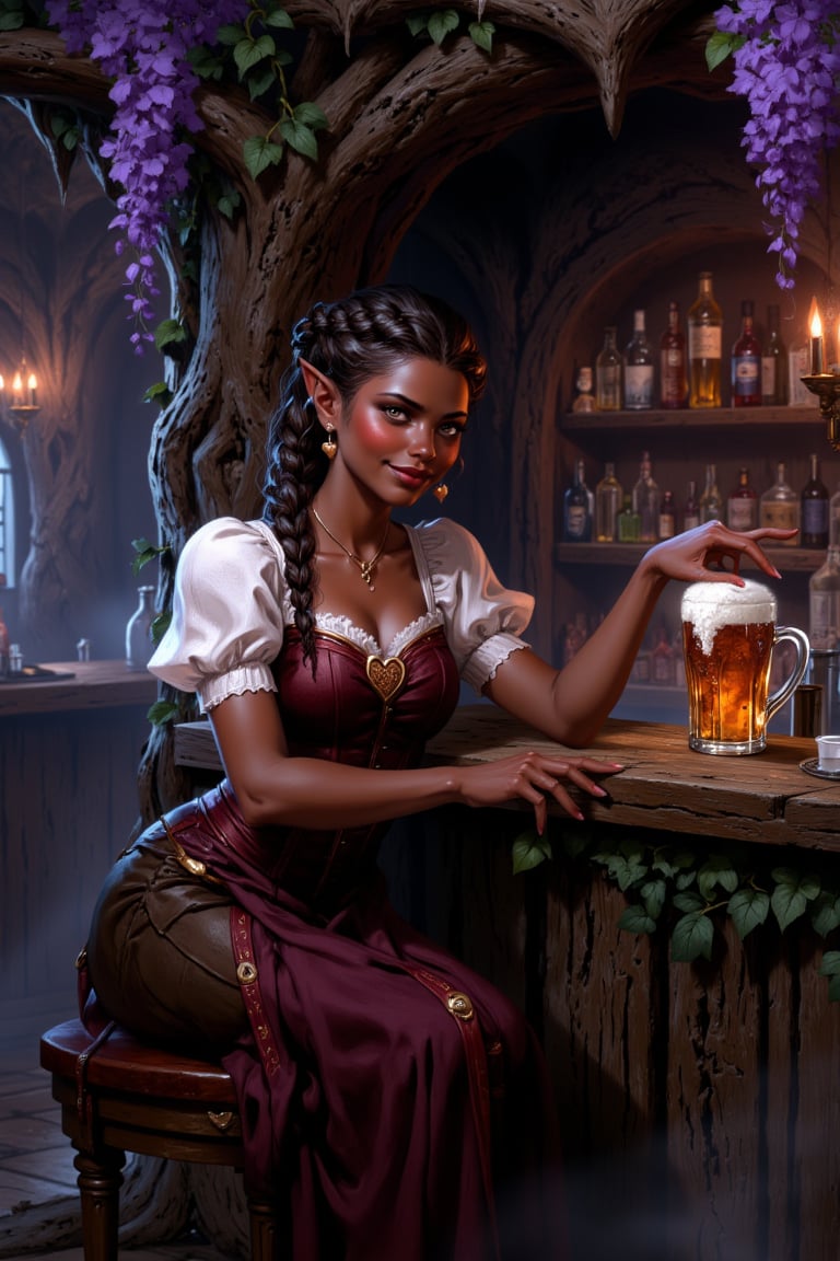 A highly detailed image in a Dungeons and Dragons Forgotten Realms setting of a halfling woman. She is short and small,  n...