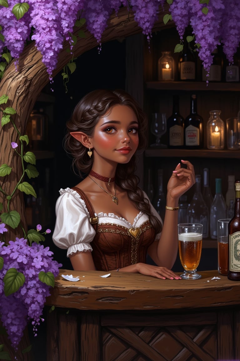 A highly detailed image in a Dungeons and Dragons Forgotten Realms setting of a halfling woman. She is extremely short and...