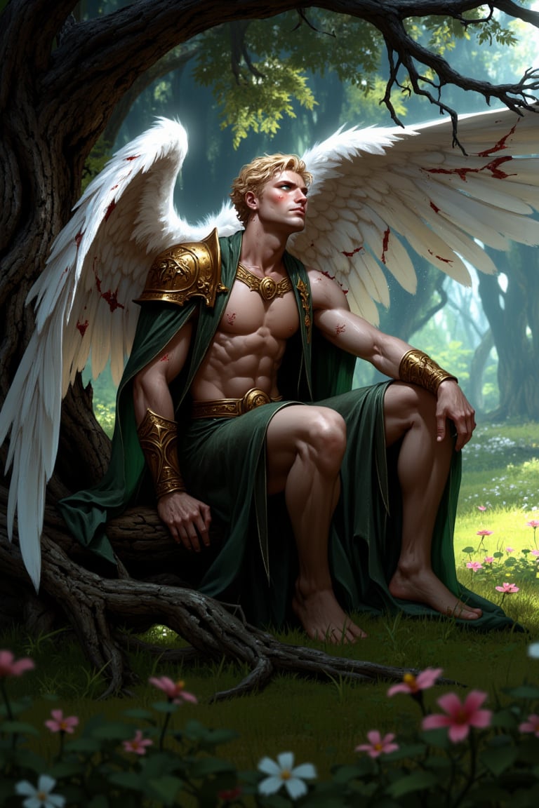 A highly detailed image of a handsome male fallen angel sitting and leaning against a tree in a field of flowers. He appea...
