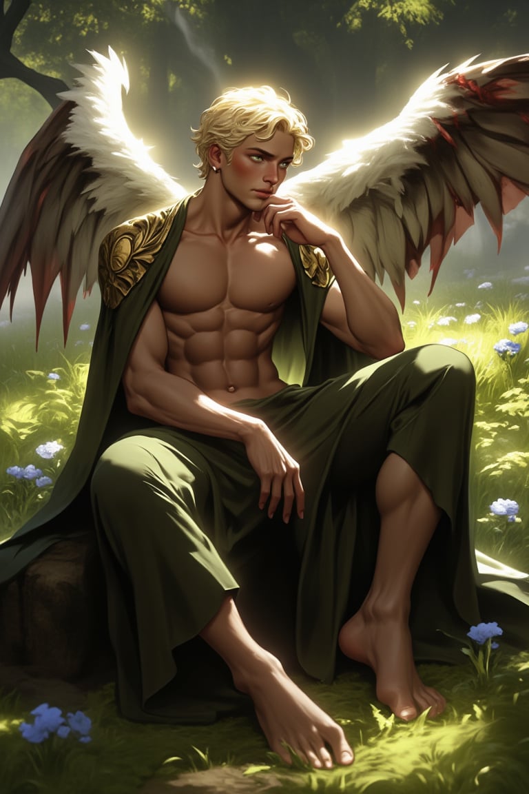 A highly detailed image of a handsome male fallen angel sitting and leaning against a tree in a field of flowers. He appea...
