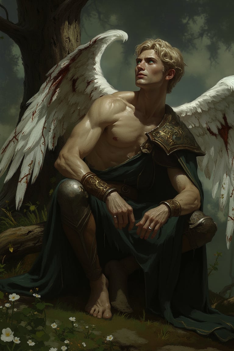 A highly detailed image of a handsome male fallen angel sitting and leaning against a tree in a field of flowers. He appea...