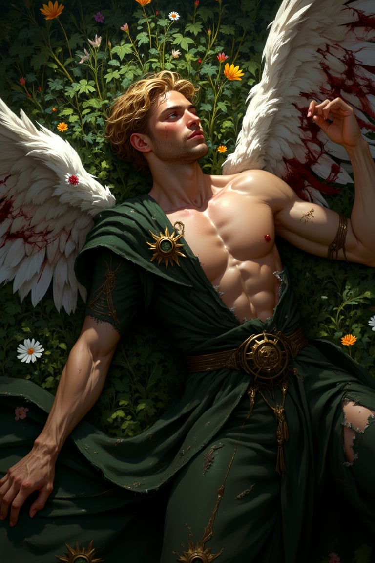 A highly detailed image of a handsome male fallen angel laying in a field of flowers. He appears to be 25 years old. Clean...