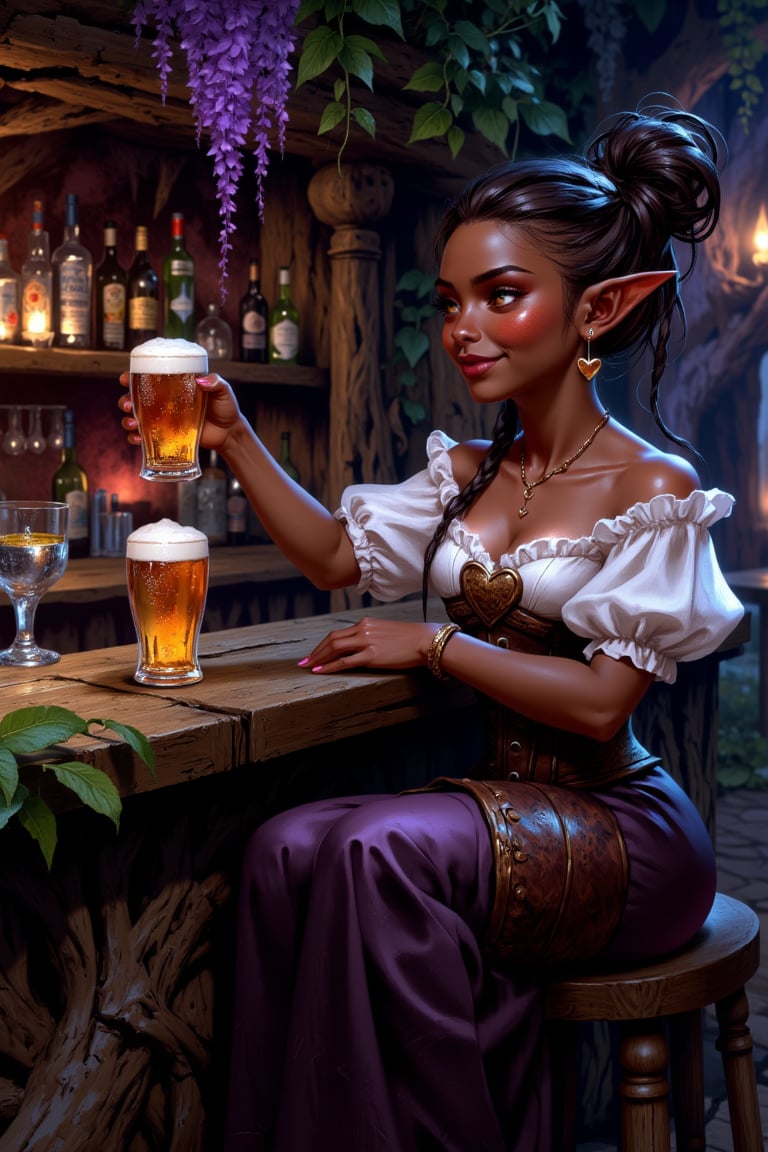 A highly detailed image in a Dungeons and Dragons Forgotten Realms setting of a halfling woman. She is short and small,  n...