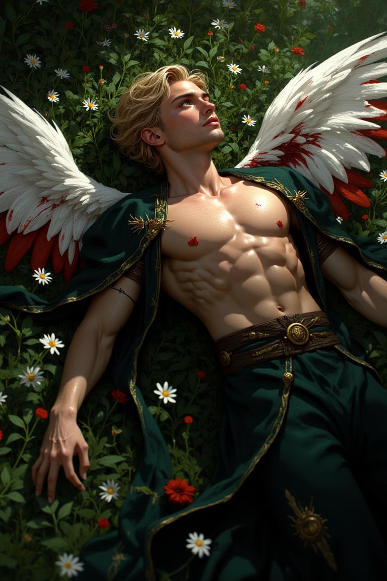 A highly detailed image of a handsome male fallen angel laying in a field of flowers. He appears to be 25 years old. Clean...