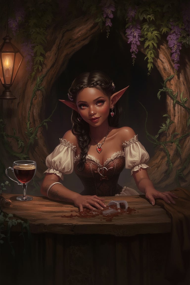 A highly detailed image in a Dungeons and Dragons Forgotten Realms setting of a halfling woman. She is short and small and...