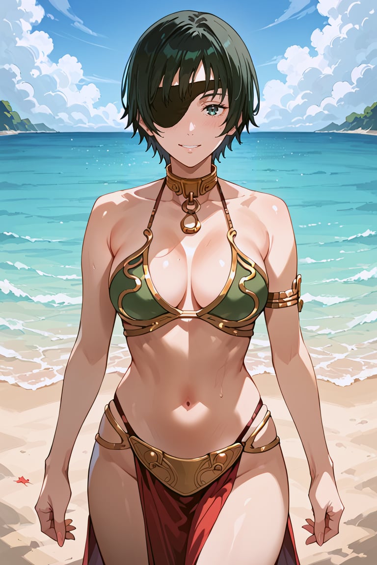 score_9, score_8_up, score_7_up, source_anime, best quality, masterpiece, 1girl, beach, slave Leia outfit, score_6_up, score_5_up, score_4_up, zPDXL-neg, ((cowboy shot)), himeno, black hair, eyepatch, short hair, smiles