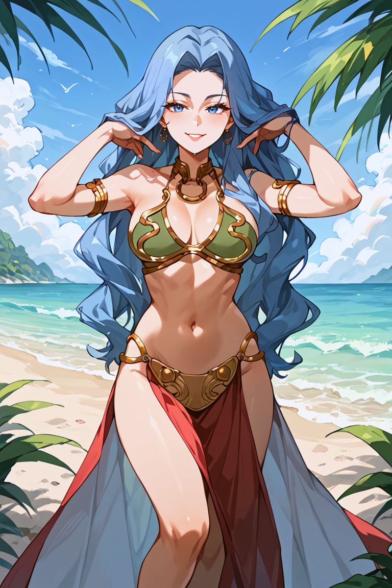 score_9, score_8_up, score_7_up, source_anime, best quality, masterpiece, 1girl, beach, slave Leia outfit, score_6_up, score_5_up, score_4_up, zPDXL-neg, ((cowboy shot)), pkmnKaren, very long hair, blue hair, smug expression 