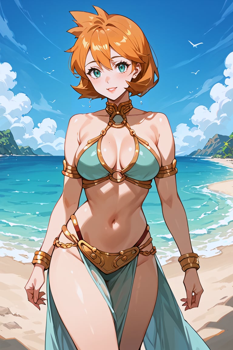 score_9, score_8_up, score_7_up, source_anime, best quality, masterpiece, 1girl, beach, slave Leia outfit, score_6_up, score_5_up, score_4_up, zPDXL-neg, ((cowboy shot)), Misty_G2,Aqua_eyes,Orange_hair