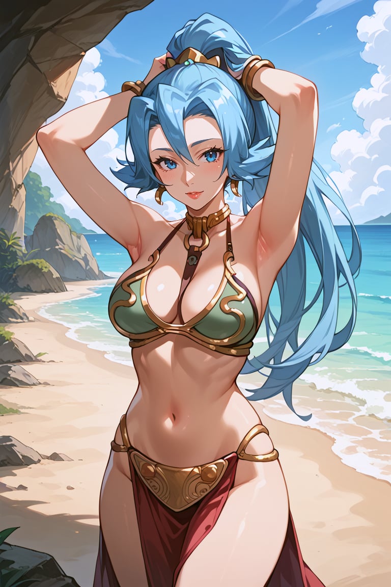 score_9, score_8_up, score_7_up, source_anime, best quality, masterpiece, 1girl, beach, slave Leia outfit, score_6_up, score_5_up, score_4_up, zPDXL-neg, ((cowboy shot)), zzClair, solo,  long hair, blue hair, blue eyes, ponytail, arms up