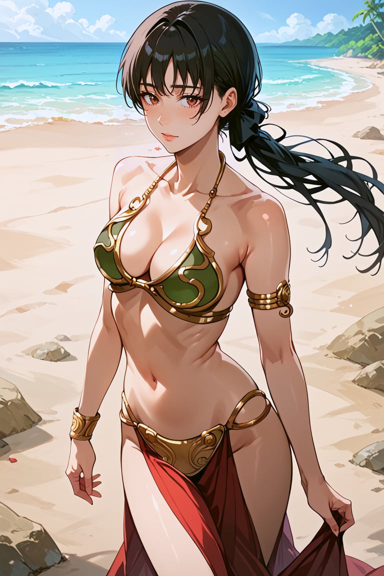 score_9, score_8_up, score_7_up, source_anime, best quality, masterpiece, 1girl, beach, slave Leia outfit, score_6_up, score_5_up, score_4_up, zPDXL-neg, ((cowboy shot)), asa_mitaka, black hair, black ribbon, shy