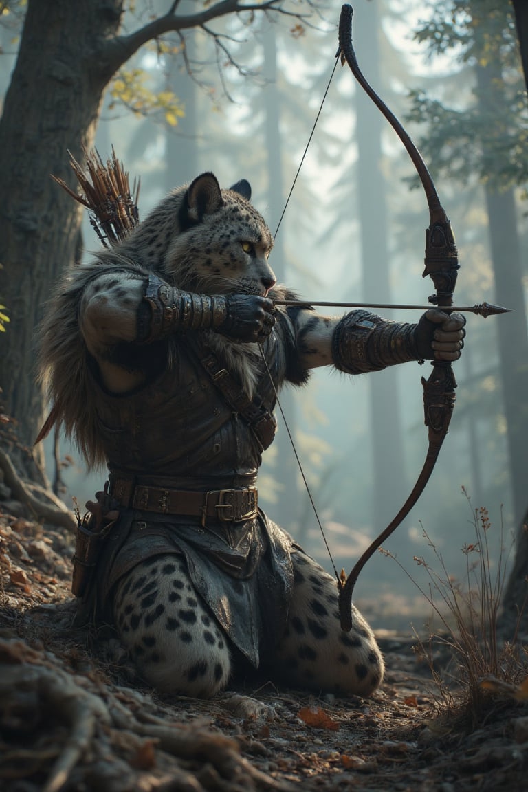 A male khajiit bipedal, humanoid cat with the look of a 
Snow leopard with thick, grayish-black rosettes on his fur, with solid spots on their head, neck,  a ranger by trade he wears dark brown leather body armor,  he kneels arrow knocked and bow string is pulled and taunt as he aims, in a majestic forest landscape 
Hyperdetailed, intricately detailed. Soft, volumetric lighting. Inspired by Greg Rutkowski, Artgerm, WLOP, Alphonse Mucha. Unreal Engine 5 quality. Trending on Artstation. Masterpiece. 8k resolution. Cinematic. Detailed textures. Rich colors. Atmospheric lighting.