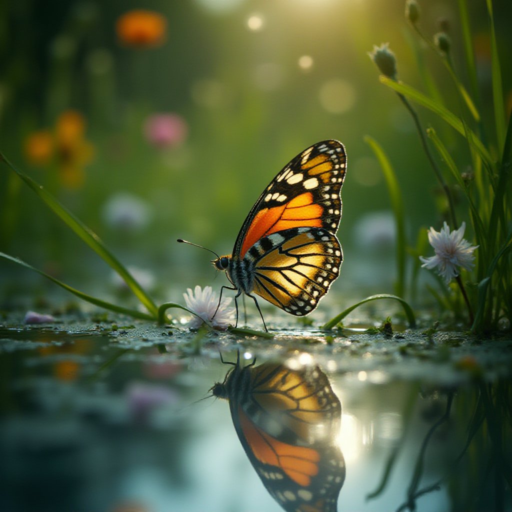 A phantasmal, prism-glass-shatter kaleidoscope of a butterfly perched upon a single blade of dewy grass at the edge of a mirror-like pond, surrounded by the luminescent shadows of an Imogen Cunningham-inspired floral meadow, where delicate petals unfurl, and morning light dances across the serene water's surface, casting an ethereal glow.