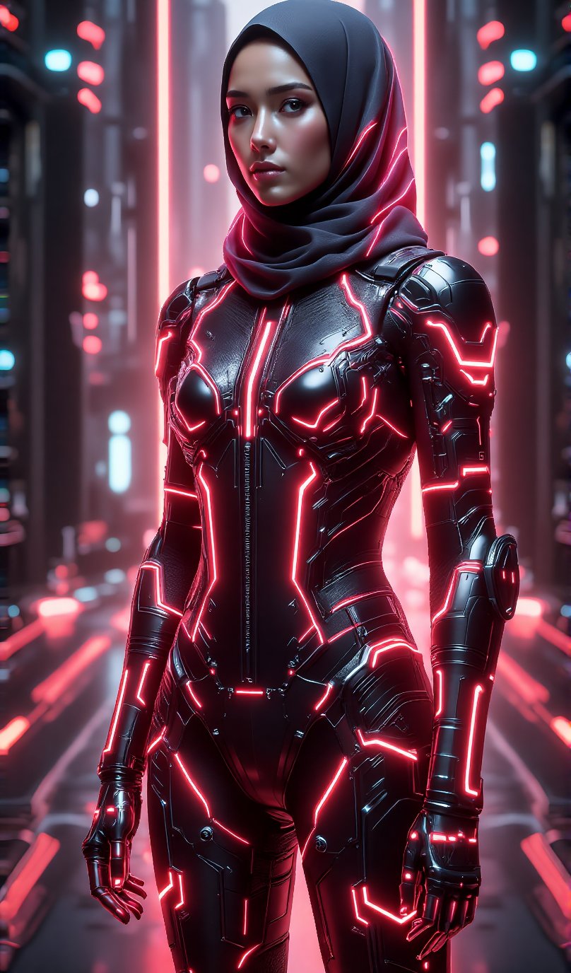 In a long-shot, a matte polycarbonate surface stretches out, reflecting the translucent, black-red armoured suit worn by a girl. The suit's intricate details and vibrant hue blend seamlessly with the reflective material, as if the wearer's cybernetic skin is merging with the environment. Soft, ethereal lighting highlights the translucent elements, casting subtle shadows that add depth to the scene. The composition is centered, focusing on the girl's form within the armoured suit, her cyberpunk hijab a striking feature amidst the dark lord armour.