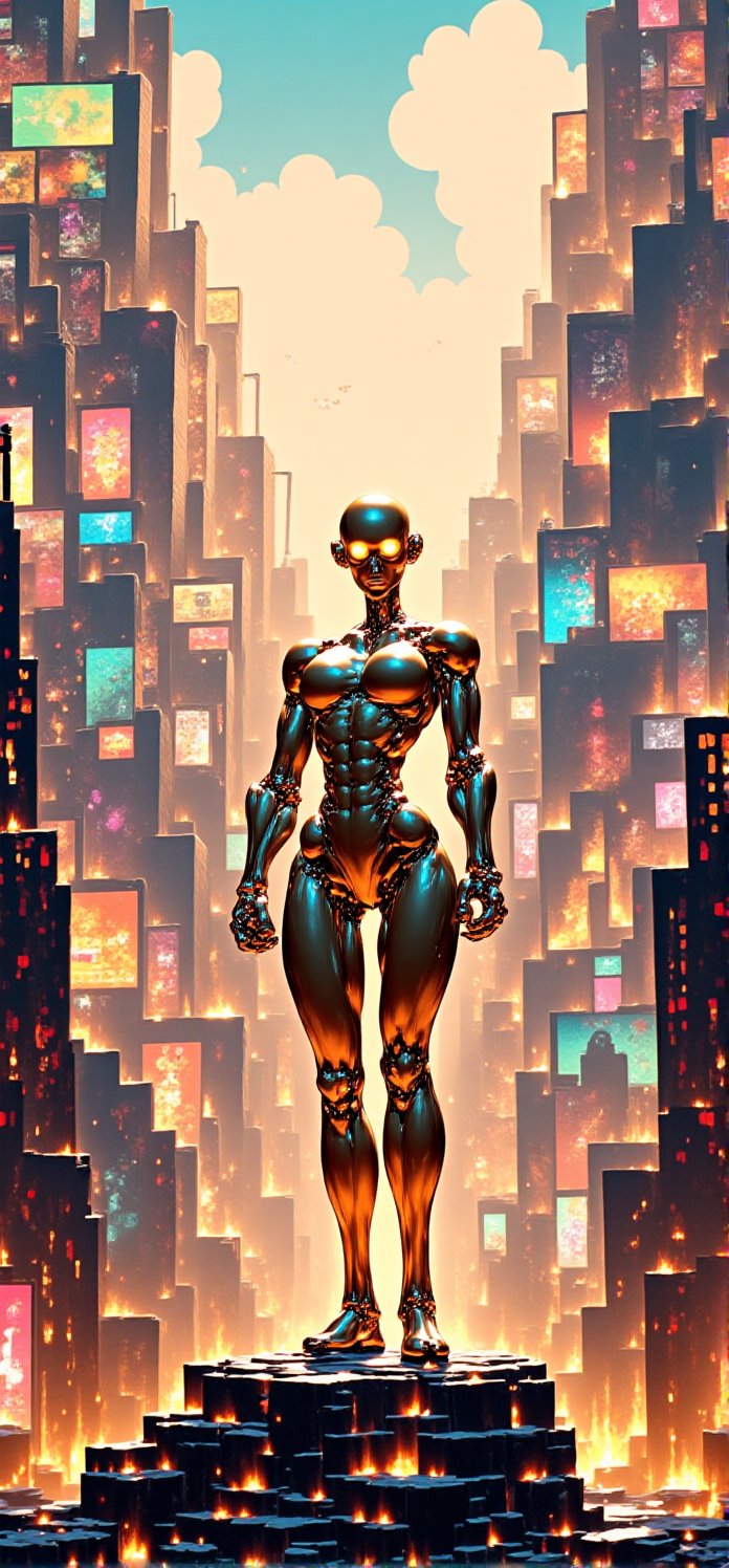 A sweeping aerial shot frames the cyborg warrior's statuesque pose amidst a kaleidoscopic cityscape at dusk. Soft, golden light casts long shadows across sleek skyscrapers and neon-lit billboards as she stands tall, her exo-keleton glistening with metallic sheen. Her eyes aglow seem to pierce the horizon, while BionicSkin reflects polished steel's shine in the fading light, set against a vibrant backdrop of city lights and towering architecture, with towering skyscrapers and bustling streets below.