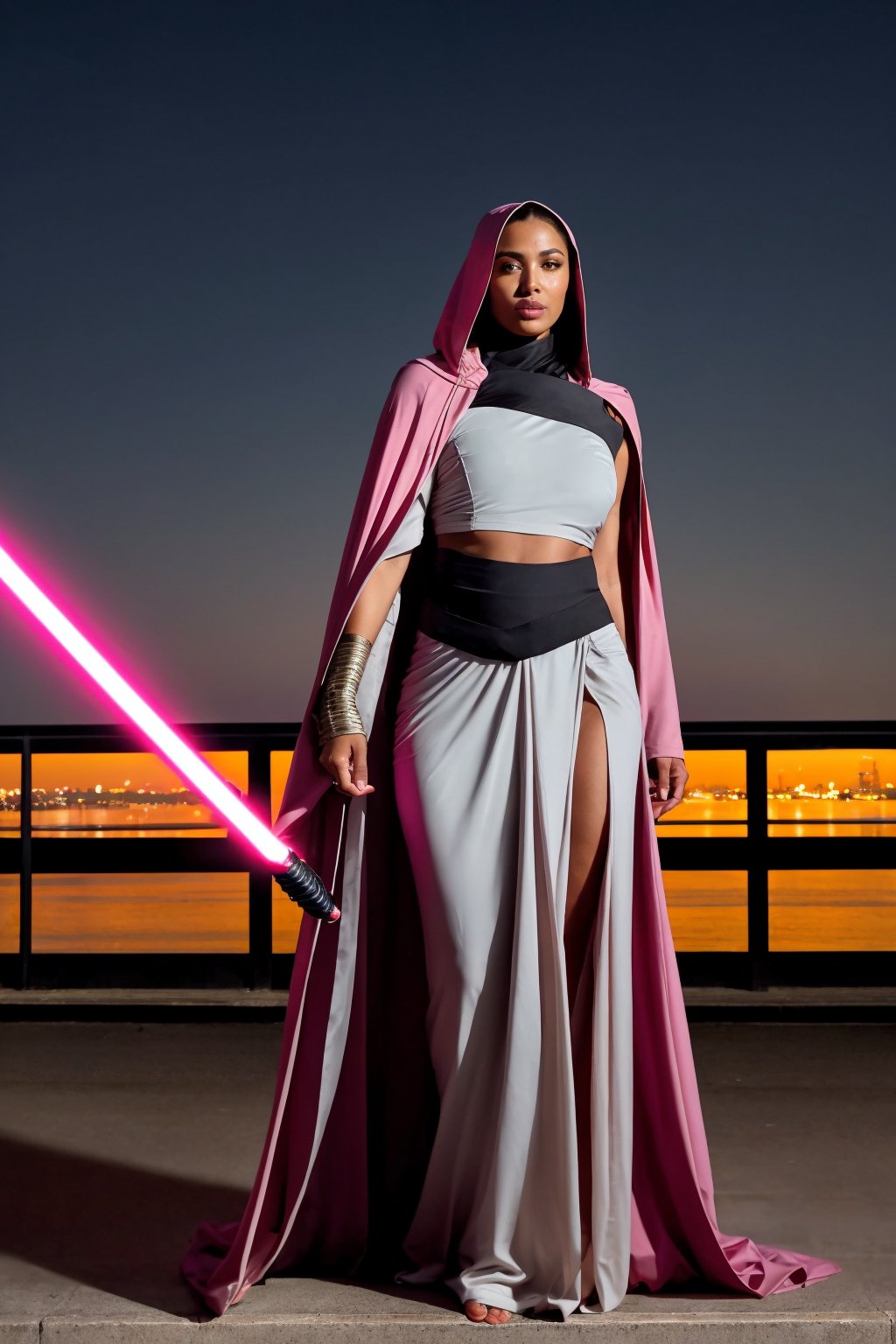 "A powerful female Jedi stands confidently, her flowing long hair cascading down her back as she bites the sword in mid-air. Her hooded cape billows behind her, echoing the iconic Sandworm's majestic form. The futuristic black armor accentuates her slender youthful figure, showcasing a midriff peak. In her hand, she holds a sleek pink lightsaber with a flowing silky line that complements her elegant attire. Against a backdrop of a modern, futuristic city, the scene exudes timeless elegance and power. Her full-body image captures her character's essence, adding a touch of romance. The setting sun casts a warm orange glow, with vividly colorful and cinematic light effects illuminating the space around her."
