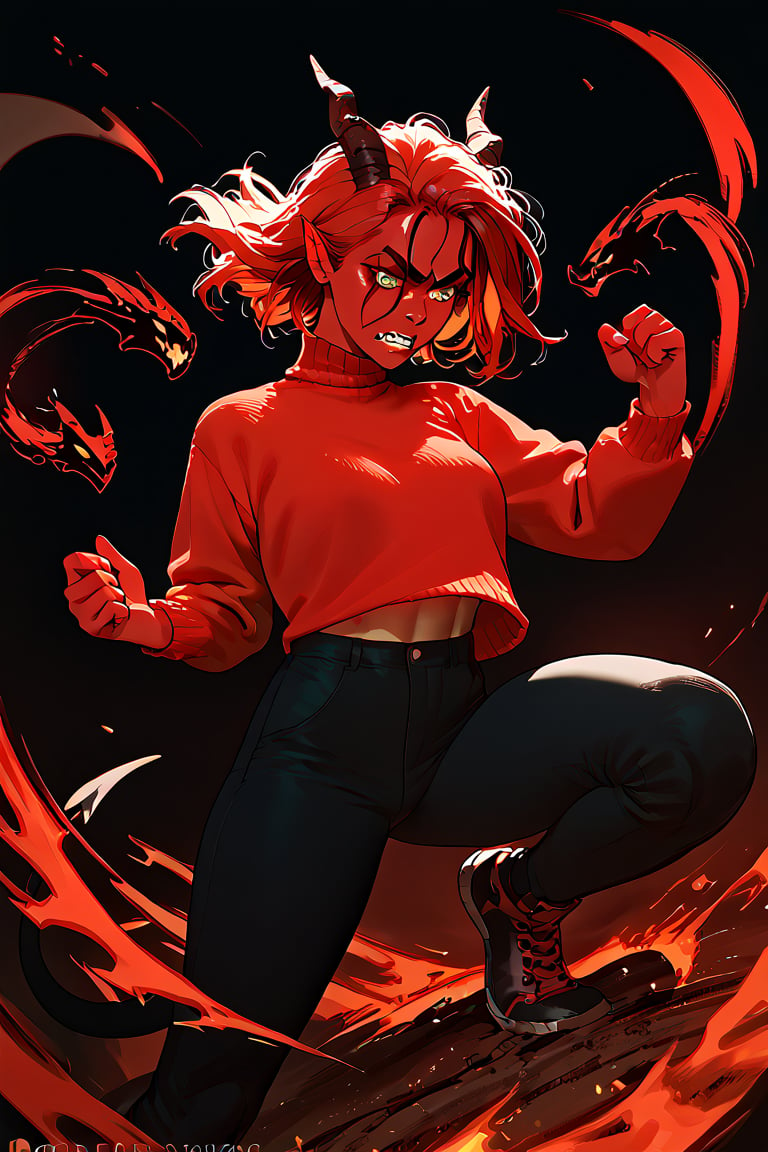 score_9, score_8_up, score_7_up, score_6_up, score_5_up, score_4_up, a girl in a  red sweater fighting a demon