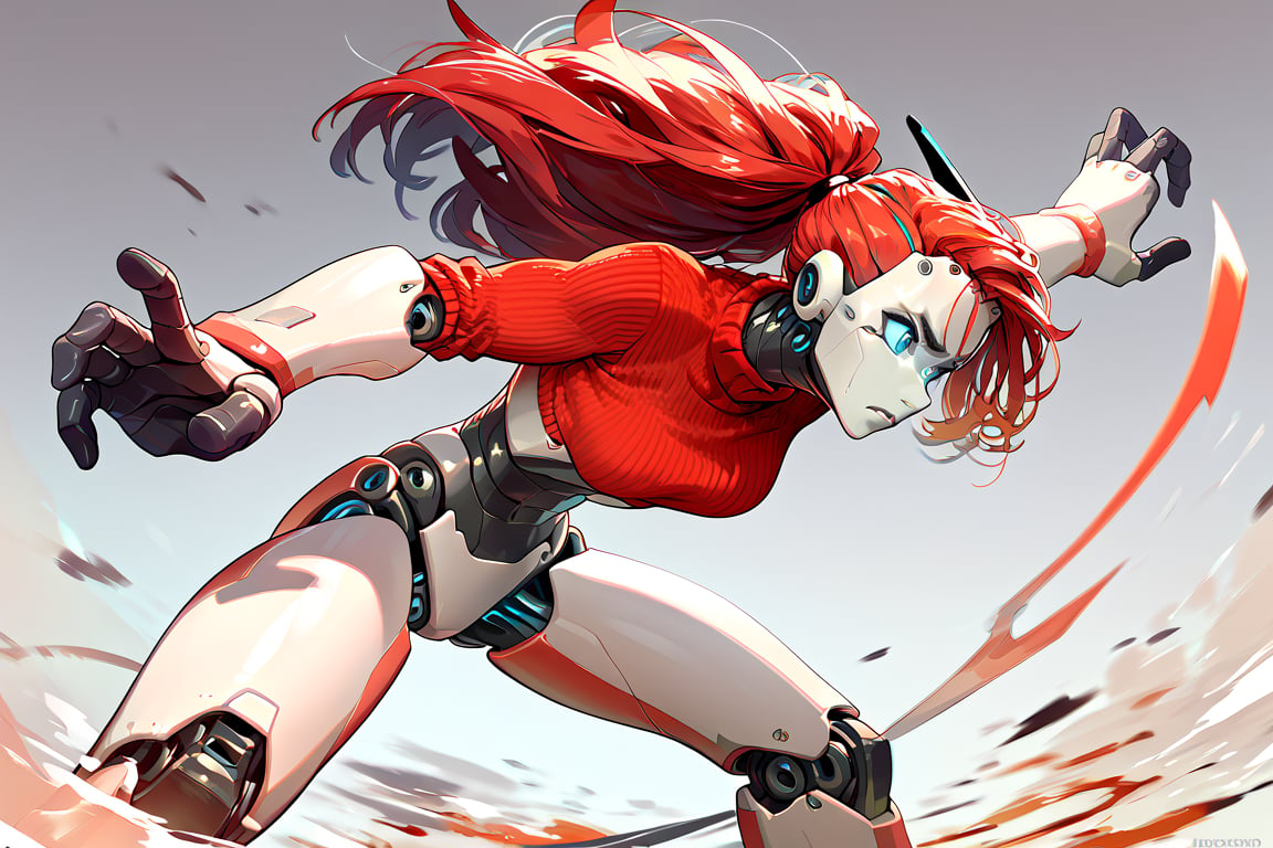 score_9, score_8_up, score_7_up, score_6_up, score_5_up, score_4_up, a girl in a  red sweater fighting a robot