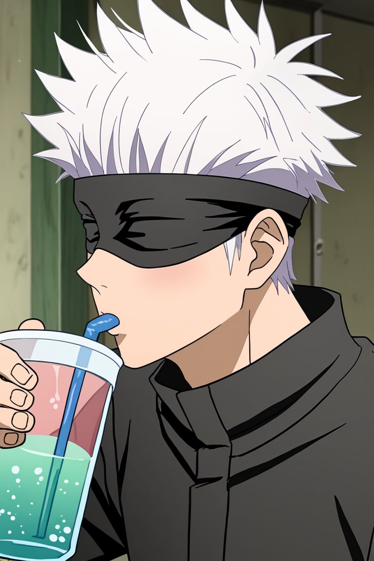 drinking boba,1boy, satorugojo, white hair, short hair,blindfold 