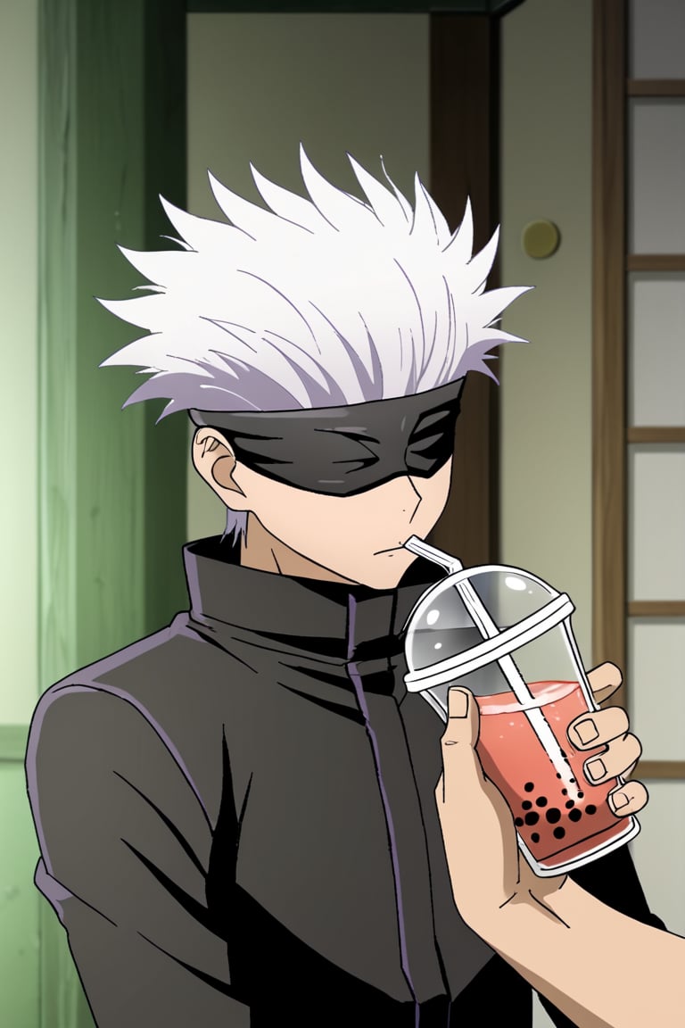 drinking boba,1boy, satorugojo, white hair, short hair,blindfold 