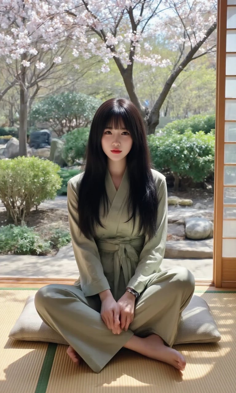A serene Asian woman sits cross-legged on a traditional tatami mat,  surrounded by lush greenery and delicate cherry bloss...