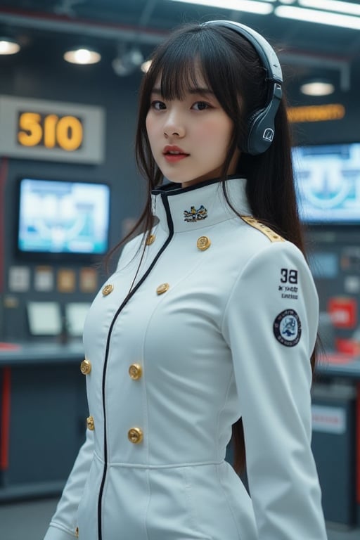 Cyberpunk female, white Naval Fleet Commanders uniform, battleship bridge, extra wide viewscreens