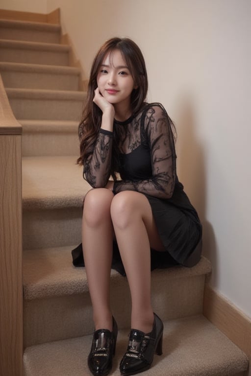 Best quality, 8K, full body portrait, front body view, long shot, low angle, sunset time, delicate face without makeup, Korean, Japanese, Asian girl, teenage girl, small stature and slim figure, 150cm height, short hair, wear black see-through blouse and pleated miniskirt, 30 denier black pantyhose, patent pumps, sitting on stair and rest chin on, smiling at viewer,