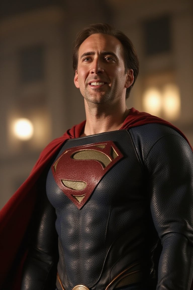 Nicolas Cage (Nick Cage) dressed as Superman (the suit from the Man of Steel movie), (smiles), ((looks at the viewer)) with Metropolis in the background, A 35mm camera captures this epic scene in stunning 8K resolution, detailed background, sharp focus, Proportional and beautiful, embodies the melancholic atmosphere of this big-budget production ((film production)), (((Masterpiece)))