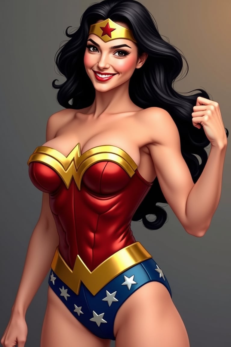 Wonder Woman (GalGadotFlux) smiling and (((winking))), bicep flexing pose.