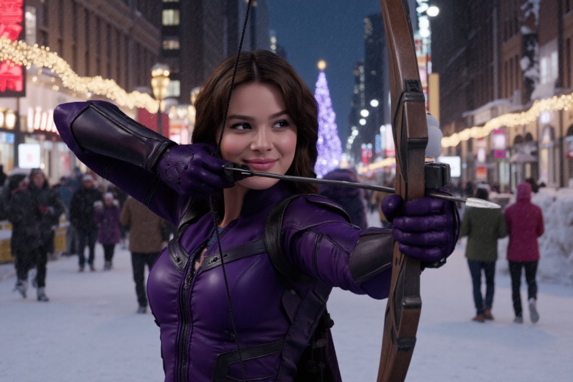 ((HaileeSteinfeldFlux))) is wearing the purple colored (((Hawkeye))) costume from the MCU series (Hawkeye) ((kate bishop)) , ((aiming the bow and arrow at the spectator)), ((detailed hands)),(archer gloves), quiver, archery bow, (her beautiful face has a mischievous smile), (cowboy shot), (background is New York City on Christmas night), (christmas decorations),natural light, ambient light, night light, (((Christmas)))  its snowy, snow, winter, snow piled on the street, snowflakes, snowman,(people strolling), (ultra detailed face), ((body facing forward), (looks at viewer), An Imax camera captures this epic scene in stunning 8K resolution, Detailed background, sharp focus, proportional and beautiful, ((Film Production)), (((Masterpiece)))