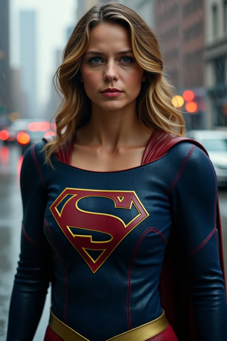 The picture shows SUPERGIRL (Melissa Benoist) (Looking at the viewer), (front view) in metropolis on a rainy day, she is wet, (wet hair), (Best quality, 8k, 32k, raw photo, real life, photorealistic, UHD), realistic representation, detailed background, sharp focus, (((Masterpiece)))