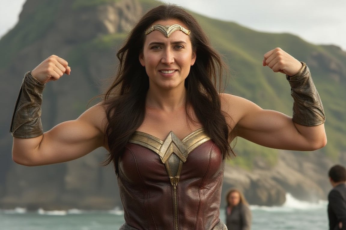 The photography showing Wonder Woman (nickcage) (detailed face) in costume from the film, (tiara has a star on it) ((ultra detailed suit)), ((Frontal view)), smiling, double flexing bicep pose, A 35mm camera captures this epic scene in stunning 8K resolution, Detailed background, Sharp focus ((Themyscira island in the background)), (((Masterpiece)),