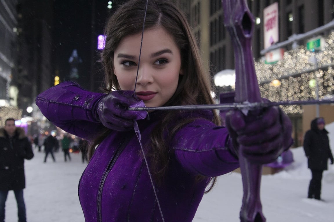 ((Hailee Steinfeld))) is wearing the purple colored (((Hawkeye))) costume from the MCU series (Hawkeye) ((kate bishop)) , ((aiming the bow and arrow at the spectator)), ((detailed hands)),(archer gloves), quiver, archery bow, (her beautiful face has a mischievous smile), (cowboy shot), (background is New York City on Christmas night), (christmas decorations),natural light, ambient light, night light, (((Christmas)))  its snowy, snow, winter, snow piled on the street, snowflakes, snowman,(people strolling), (ultra detailed face), ((body facing forward), (looks at viewer), An Imax camera captures this epic scene in stunning 8K resolution, Detailed background, sharp focus, proportional and beautiful, ((Film Production)), (((Masterpiece)))