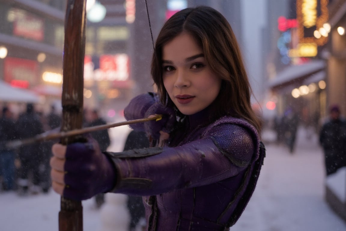 ((Hailee Steinfeld))) is wearing the purple colored (((Hawkeye))) costume from the MCU series (Hawkeye) ((kate bishop)) , ((aiming the bow and arrow at the spectator)), ((detailed hands)),(archer gloves), quiver, archery bow, (her beautiful face has a mischievous smile), (cowboy shot), (background is New York City on Christmas night), (christmas decorations),natural light, ambient light, night light, (((Christmas)))  its snowy, snow, winter, snow piled on the street, snowflakes, snowman,(people strolling), (ultra detailed face), ((body facing forward), (looks at viewer), An Imax camera captures this epic scene in stunning 8K resolution, Detailed background, sharp focus, proportional and beautiful, ((Film Production)), (((Masterpiece)))