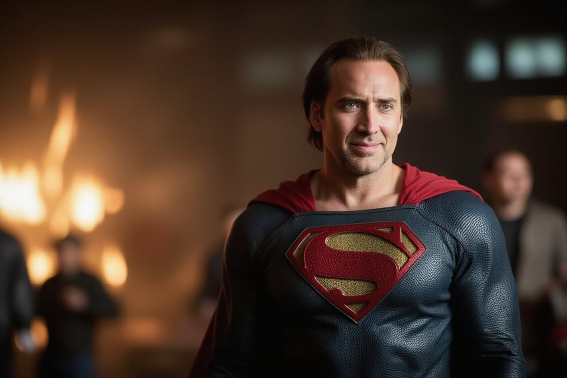 Nicolas Cage (Nick Cage) dressed as Superman (the suit from the Man of Steel movie), (smiles), (long hair), (((looks at the viewer))) with Metropolis in the background, (cowboy shot), A 35mm camera captures this epic scene in stunning 8K resolution, detailed background, sharp focus, Proportional and beautiful, embodies the melancholic atmosphere of this big-budget production ((film production)), (((Masterpiece)))