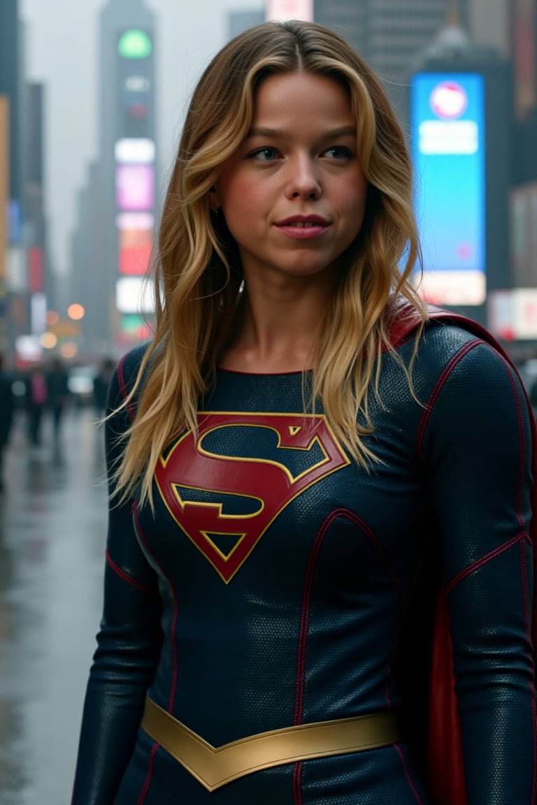 The picture shows SUPERGIRL (Milly Alcock) (Looking at the viewer), (front view) in metropolis on a rainy day, she is wet, (wet hair), (Best quality, 8k, 32k, raw photo, real life, photorealistic, UHD), realistic representation, detailed background, sharp focus, (((Masterpiece)))