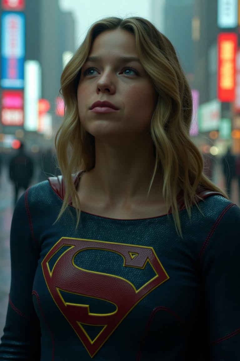 The picture shows SUPERGIRL (Milly Alcock) in metropolis on a rainy day, she is wet, wet hair, (Best quality, 8k, 32k, raw photo, real life, photorealistic, UHD), realistic representation, detailed background, sharp focus, (((Masterpiece)))