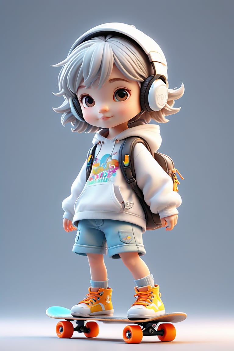 4d photographic image of full body image of a cute little chibi girl realistic, Take the skateboard and insert it into the pocket, Normal child's fingers, Extra long casual top, Dwarf figure, mid short hair, Silver white earphones,vivid colors octane render trending, Lartistic photography, photorealistic concept art, soft natural volumetric cinematic perfect light, UHD no background, 3d render, Disney style